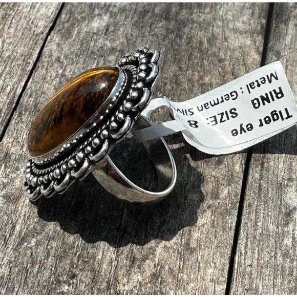 Real Tiger Eye Ring Genuine Gemstone Ornate 1.25 Inch Setting Ring Size 8 - Picture 2 of 8
